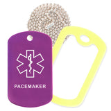 Purple Medical ID Pacemaker Necklace with Yellow Rubber Silencer and 30'' Ball Chain