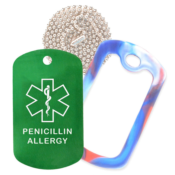 Green Medical ID Penicillin Allergy Necklace with Red White and Blue Rubber Silencer and 30'' Ball Chain
