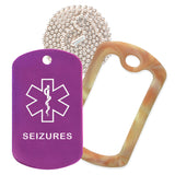 Purple Medical ID Seizure Necklace with Desert Camo Rubber Silencer and 30'' Ball Chain