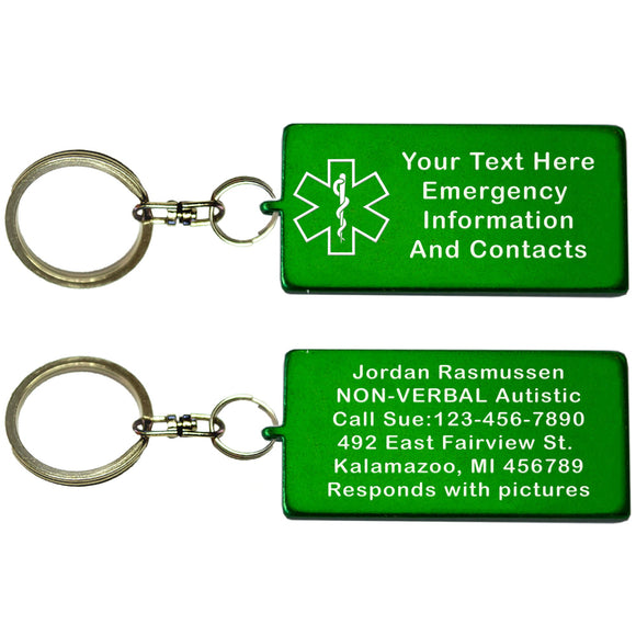 Two Green Rectangle Shaped Custom Text Key Chains With Medical Alert Symbol