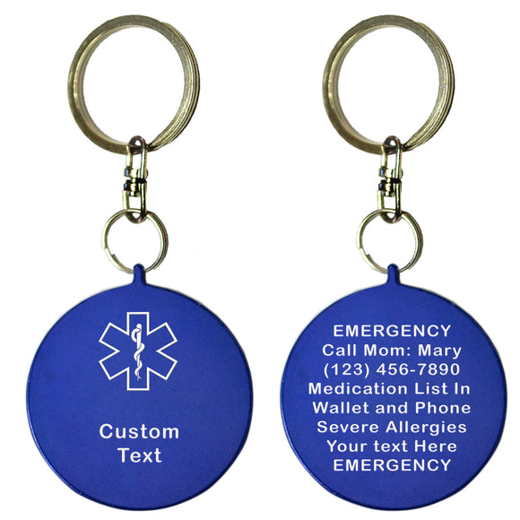 Two Blue Round Shaped Custom Text Key Chains With Medical Alert Symbol