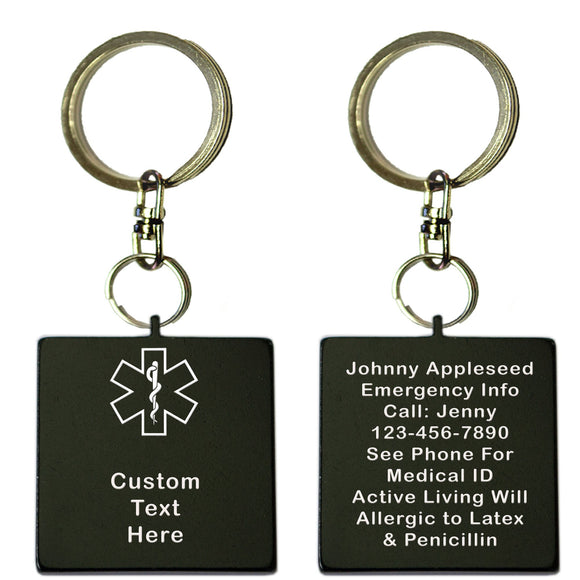 Two Black Square Shaped Custom Text Key Chains With Medical Alert Symbol