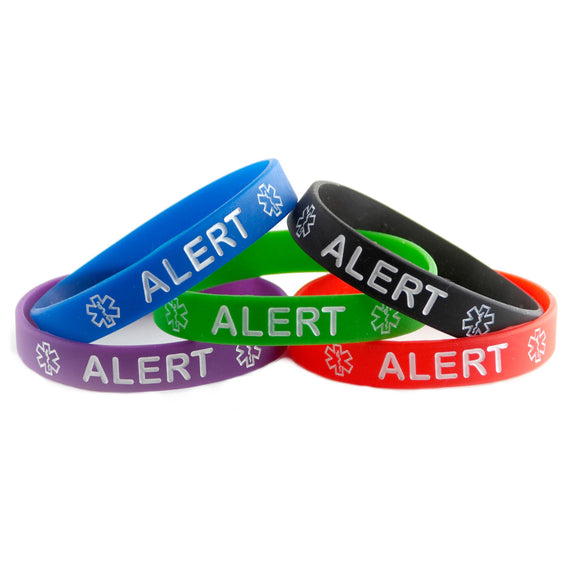 Black Blue Green Purple and Red Combo Pack Alert Bracelets Wristbands With Medical Alert Symbol
