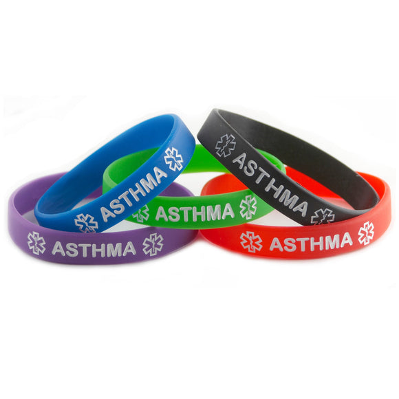 Black Blue Green Purple Red Combo Pack Asthma Bracelets Wristbands With Medical Alert Symbol