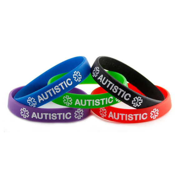 Black Blue Green Purple Red Combo Pack Autistic Bracelets Wristbands With Medical Alert Symbol