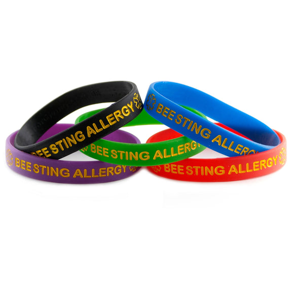 Black Blue Green Purple Red Combo Pack Bee Sting Allergy Bracelet Wristbands With Medical Alert Symbol