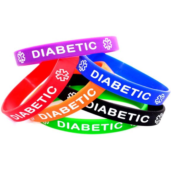 Black Blue Green Orange Purple Red Combo Pack Diabetic Bracelet Wristbands with Medical Alert Symbol