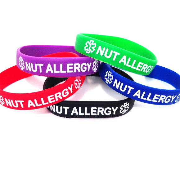 Black Blue Green Purple Red Combo Pack Nut Allergy Bracelet Wristbands With Medical Alert Symbol
