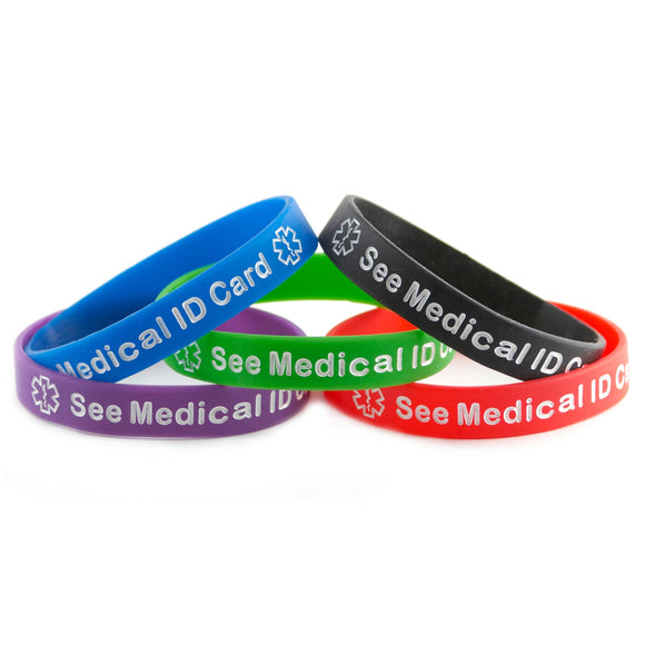 Black Blue Green Purple Red Combo Pack See Medical ID Card Bracelet Wristbands With Medical Alert Symbol