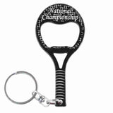 Black Tennis Raquet Shaped Anodized Aluminum Key Chain Bottle Opener with Laser Engraved Custom Logo Personalized