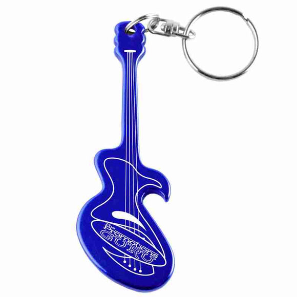 Blue Electric Guitar Shaped Anodized Aluminum Key Chain Bottle Opener with Laser Engraved Custom Logo Personalized
