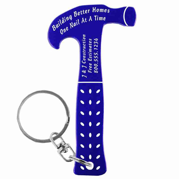 Blue Hammer Shaped Anodized Aluminum Key Chain Bottle Opener with Laser Engraved Custom Logo Personalized