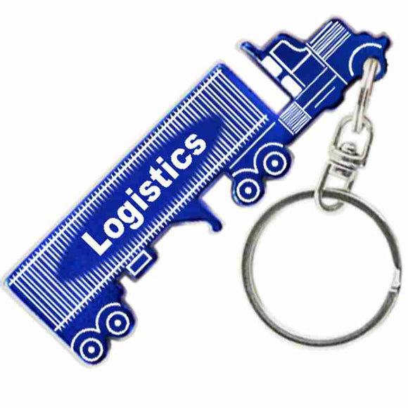 Blue Semi Truck Tractor and Trailer Shaped Anodized Aluminum Key Chain with Laser Engraved Custom Logo Personalized