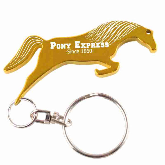 Gold Jumping Horse Shaped Anodized Aluminum Key Chain Bottle Opener with Laser Engraved Custom Logo Personalized