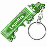 Green Semi Truck Tractor and Trailer Shaped Anodized Aluminum Key Chain with Laser Engraved Custom Logo Personalized