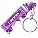 Purple Semi Truck Tractor and Trailer Shaped Anodized Aluminum Key Chain with Laser Engraved Custom Logo Personalized